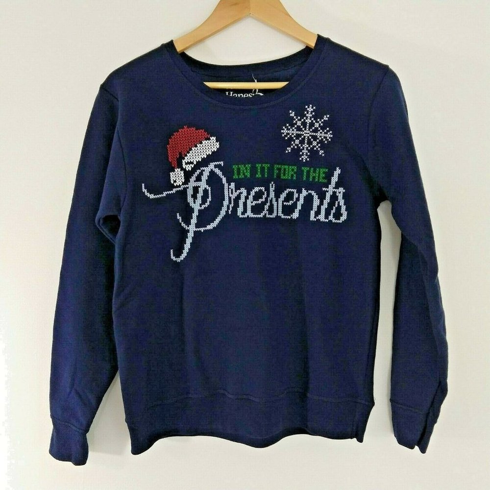 Ugly Christmas Sweatshirt Navy In It For The small - Picture 1 of 6